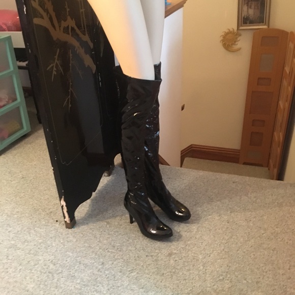 Bewitching Sexy Black Thigh High Patent Vinyl High Heel Boots Spirit Halloween - Picture 15 of 16